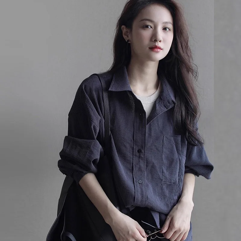 Chemisiers Vintage pour femmes, chemises décontractées rayées, mode ample, vêtements coréens, manches longues, hauts pour femmes, printemps automne