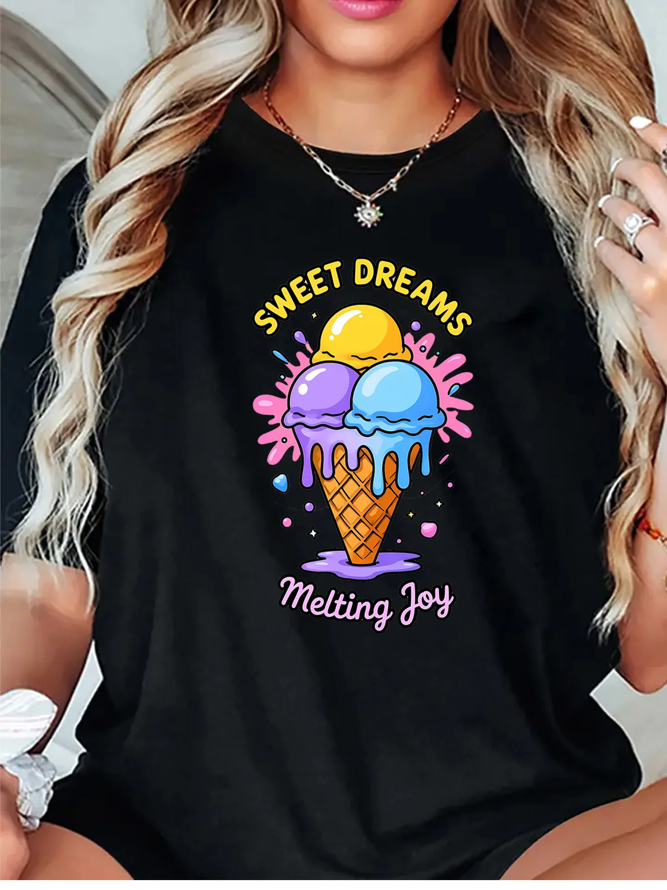 Cute Sweet Dreams Melting Ice Cream Cone Graphic Womens T Shirt Short Sleeve Crew Neck Summer Casual Daily Ladies Tee Tops