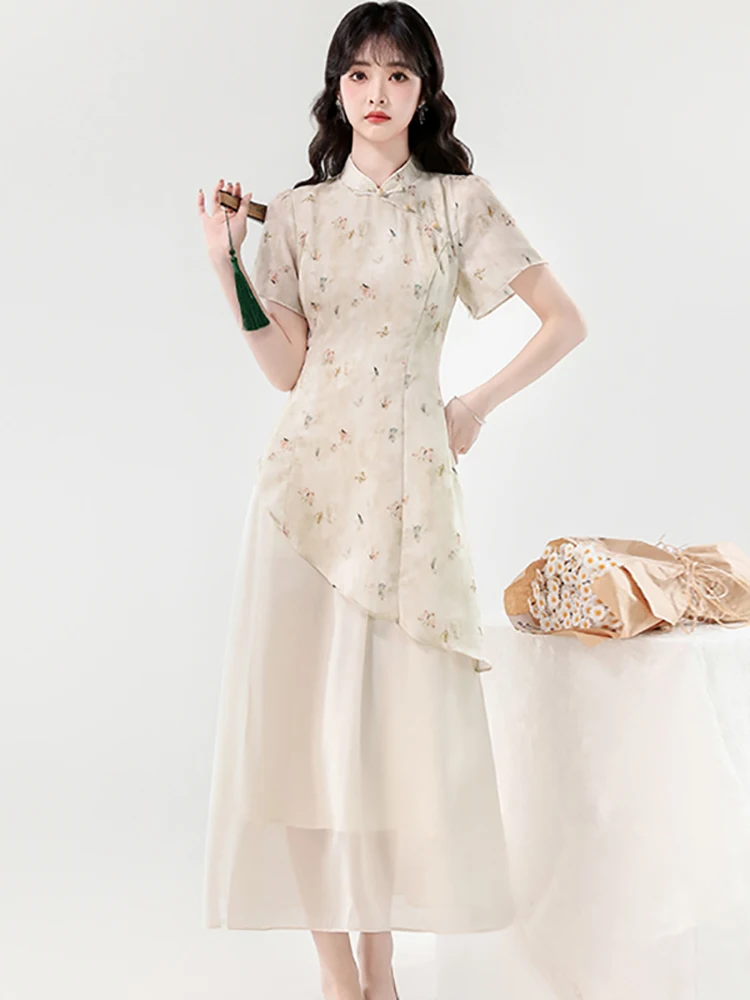 

2025 Floral Patchwork Fake Two Piece Dress Women Short Sleeve Stand Collar Maxi Dress Summer Korean Elegant Bodycon Party Dress