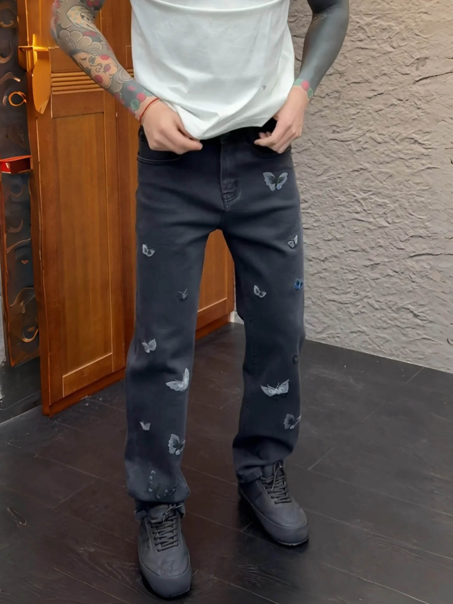 

Retro Heavy Embroidery Straight Leg Loose Fit Men's Jeans Bla Long Pants Elastic Cuff Versatile Casual Trousers