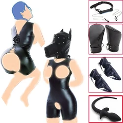 Cupless Corset Jumpsuits Harness Costume Clubwear Mouth Gag Plug Head Hood BDSM Slave Bondage Cosplay Clothing Sex Toy for Women