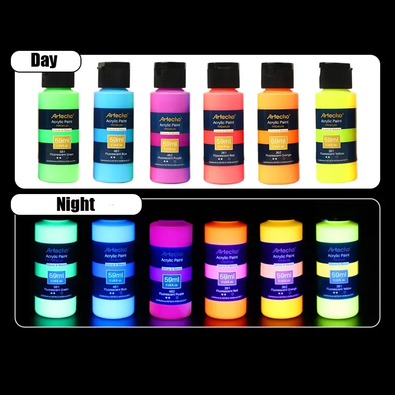 Imagem -06 - Tinta Acrílica Luminescente para Tecido Laranja Vermelho Amarelo Azul Verde Roxo Super Brilhante Vidro Cerâmico Faça Você Mesmo 16 Cores 58ml