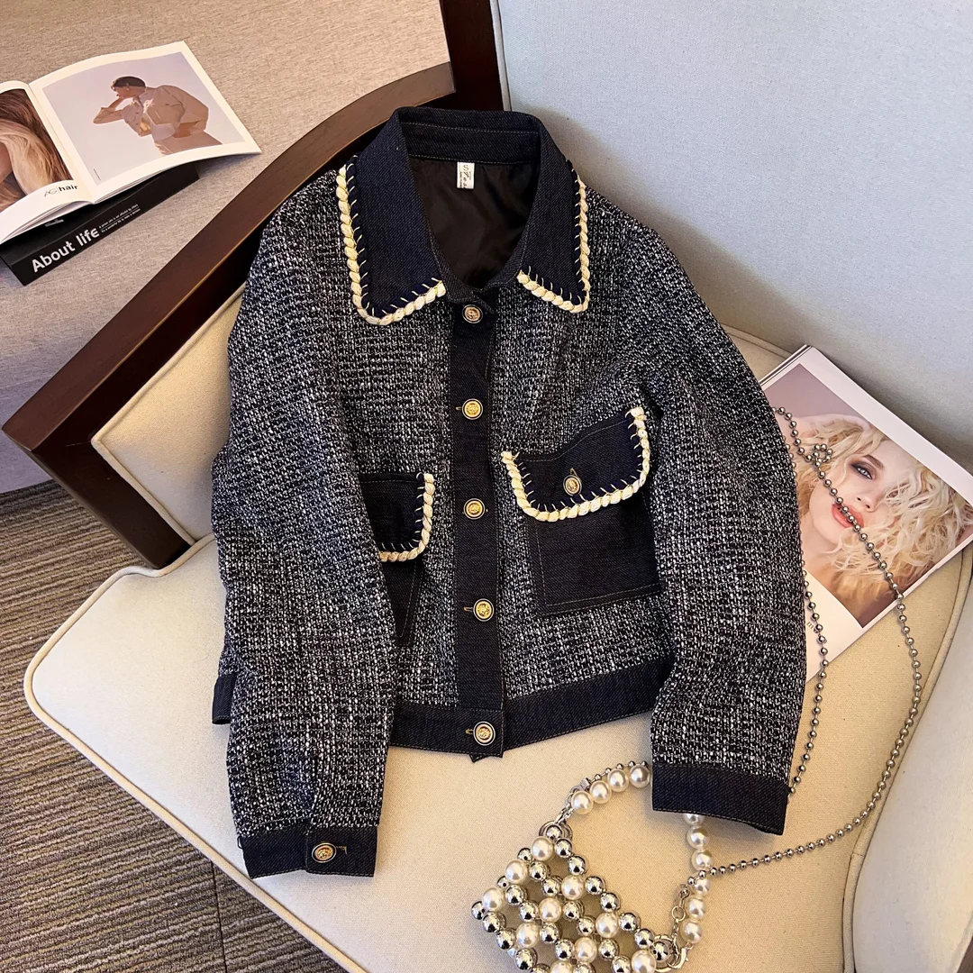 

Xiaoxiangfeng denim jacket women's 2025 spring and autumn new design sense contrasting color splicing short foreign style top