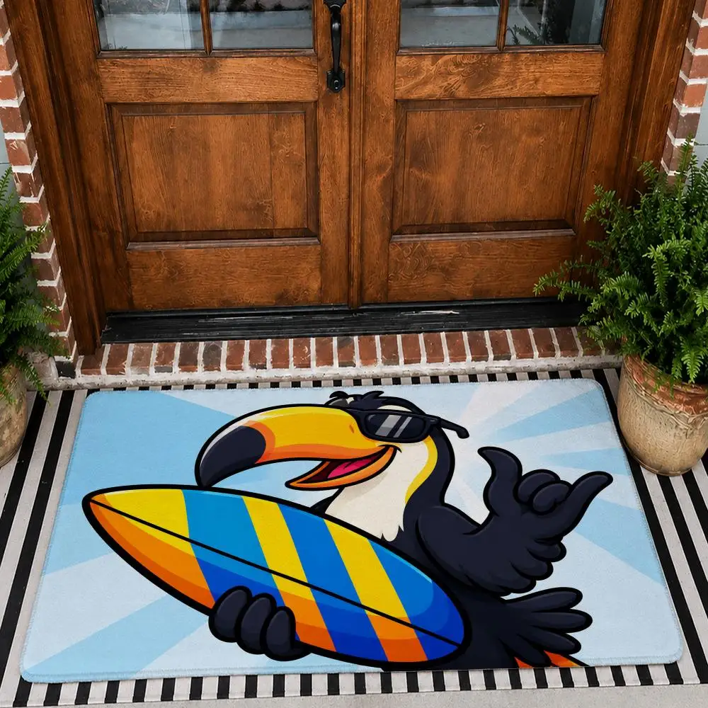 Surfing Animal Squad Floor Mat Soft Flannel Rug Non Slip Washable Quick Dry Door Mat for Bathroom Kitchen Bedroom Home