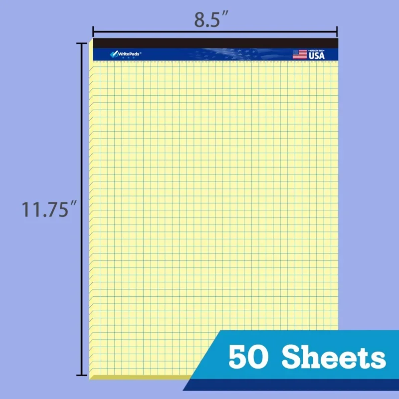 Graph Note , Quad Ruled (4x4) Paper pad, 8.5x11 inch Canary Grid Paper Pad, 50 Sheets,48 per Carton, Micro perforated Engin