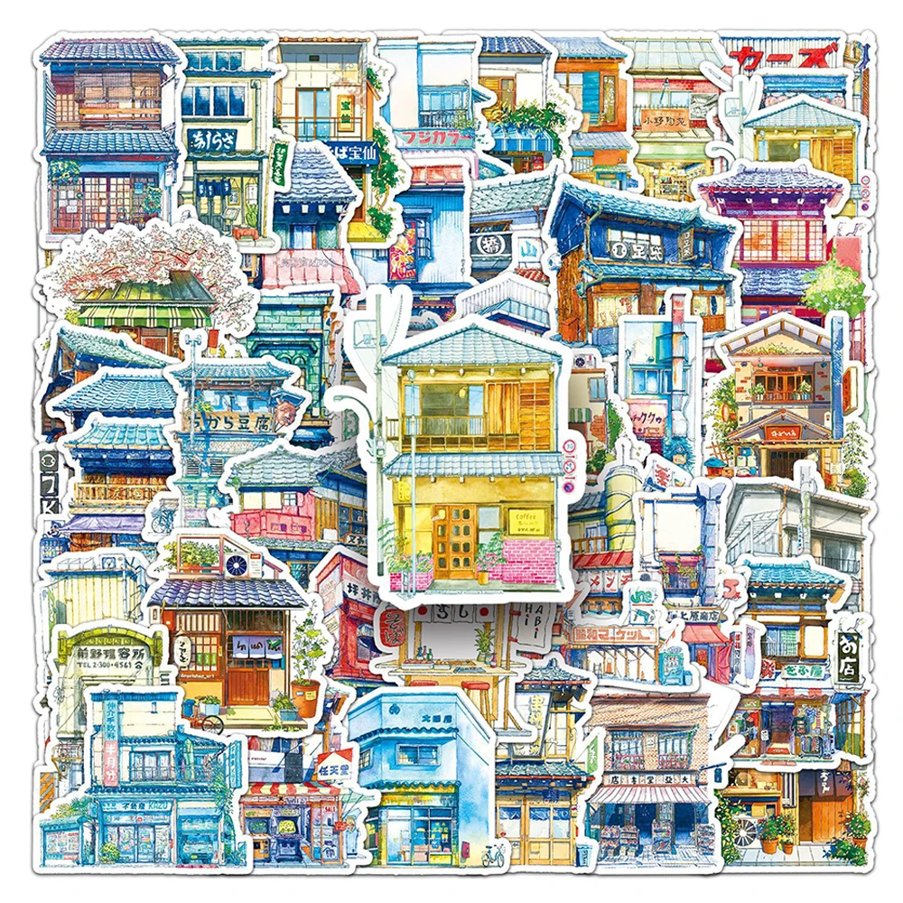 10/30/50pcs Retro Japanese Style Street Store Shop Stickers Cartoon Aesthetic Landscape Decals DIY Laptop Suitcase Phone Sticker