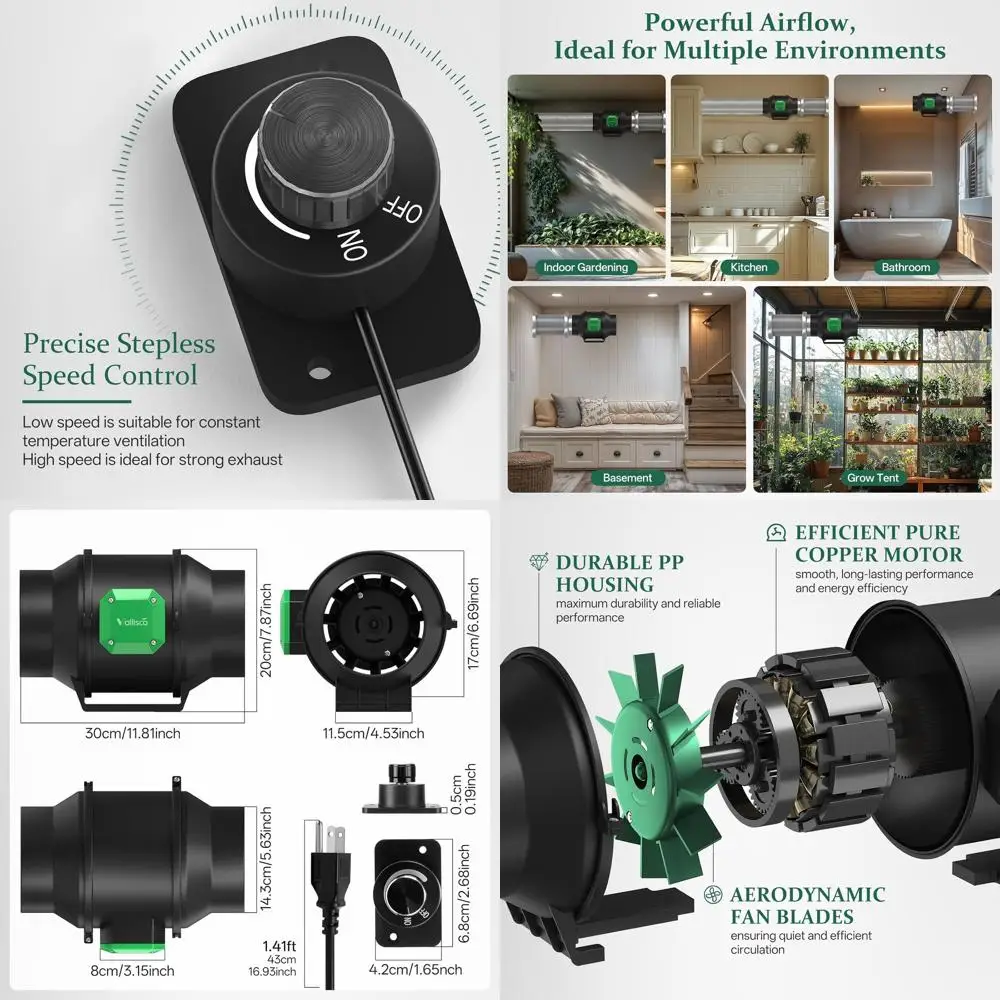 

6 Quiet Variable Speed Inline Duct Fan, 350 CFM for Bathroom, Kitchen, Hydroponics, 3D Printer Ventilation