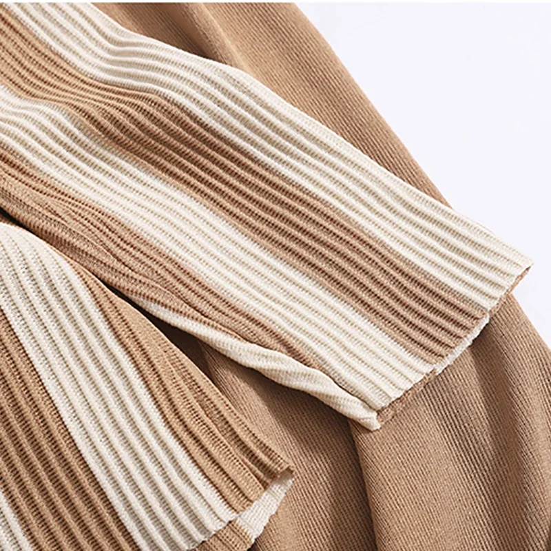 ITOOLIN Women 2 Piece Set Stripes Split Knit Shirt High Waist Loose Pants Long Sleeved Top+Straight Pants Set Lady Office Outfit