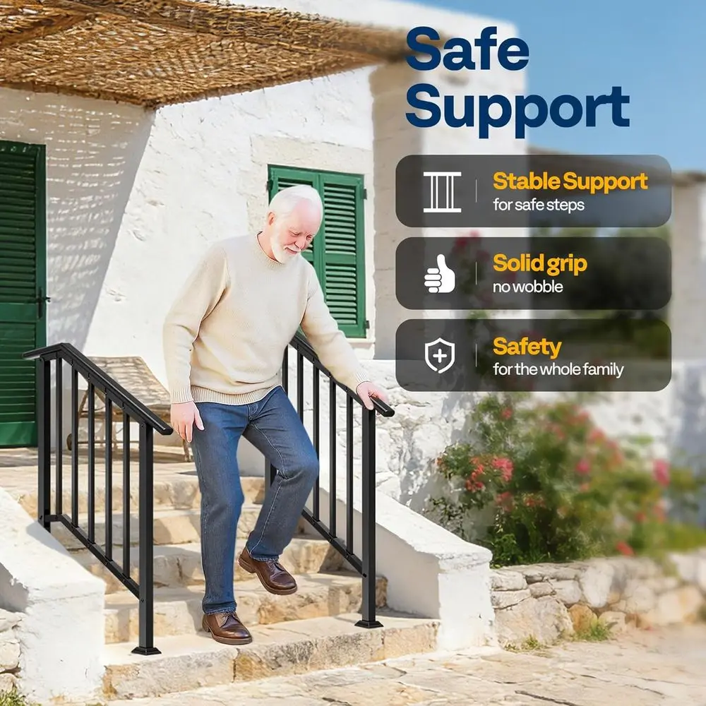 3 Step Galvanized Steel Hand Rails - Black Oval Balusters for Outdoor Steps, Porch, Deck, Indoor Stairs with Kit