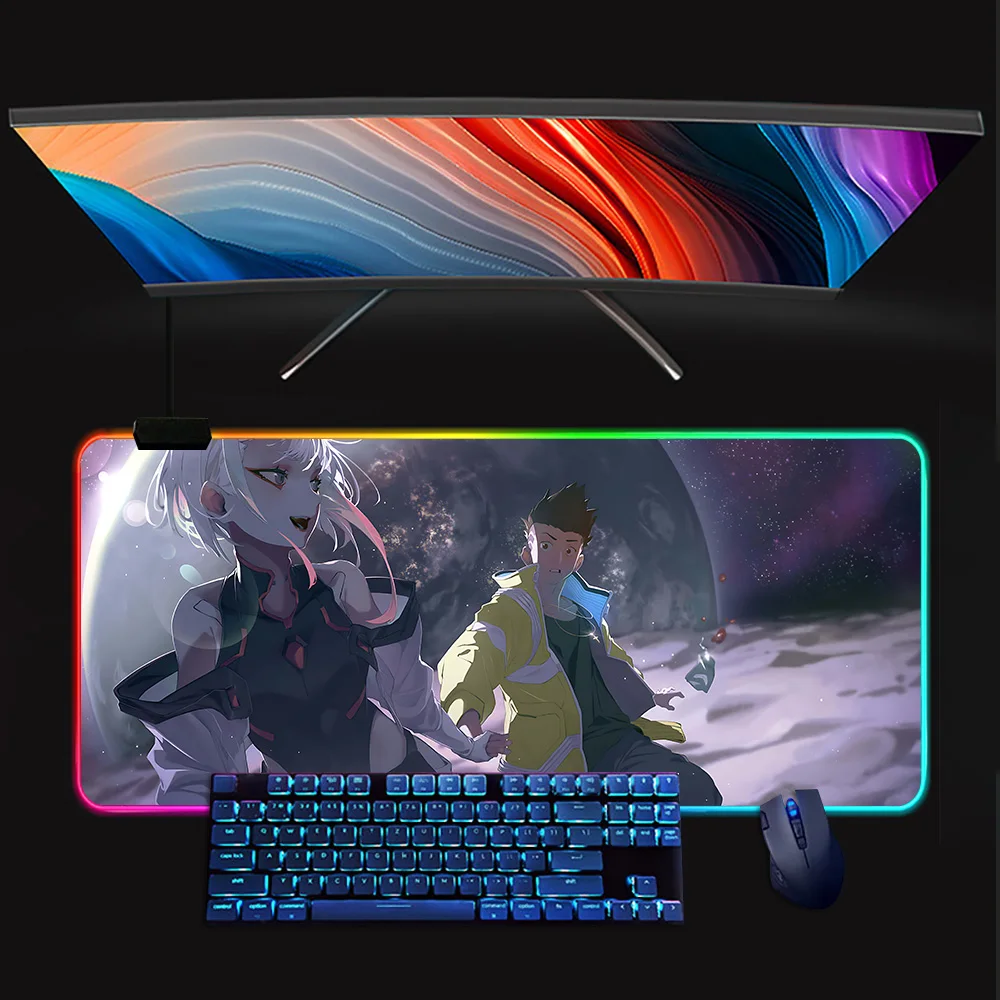 C-Cyberpunk Anime E-Edgerunners RGB Pc Gamer Tastiera Mouse Pad Mousepad LED Incandescente Tappetini per mouse Gomma Gaming Computer Mausepad