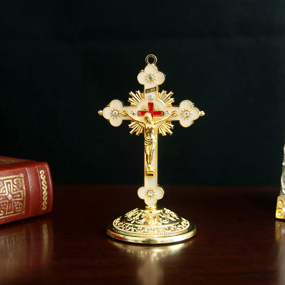 HTISOK Catholic cross with Base Jesus Cross Ornament of Catholicism Religious Gift Church Home Tabletop Decor for Worship Prayer