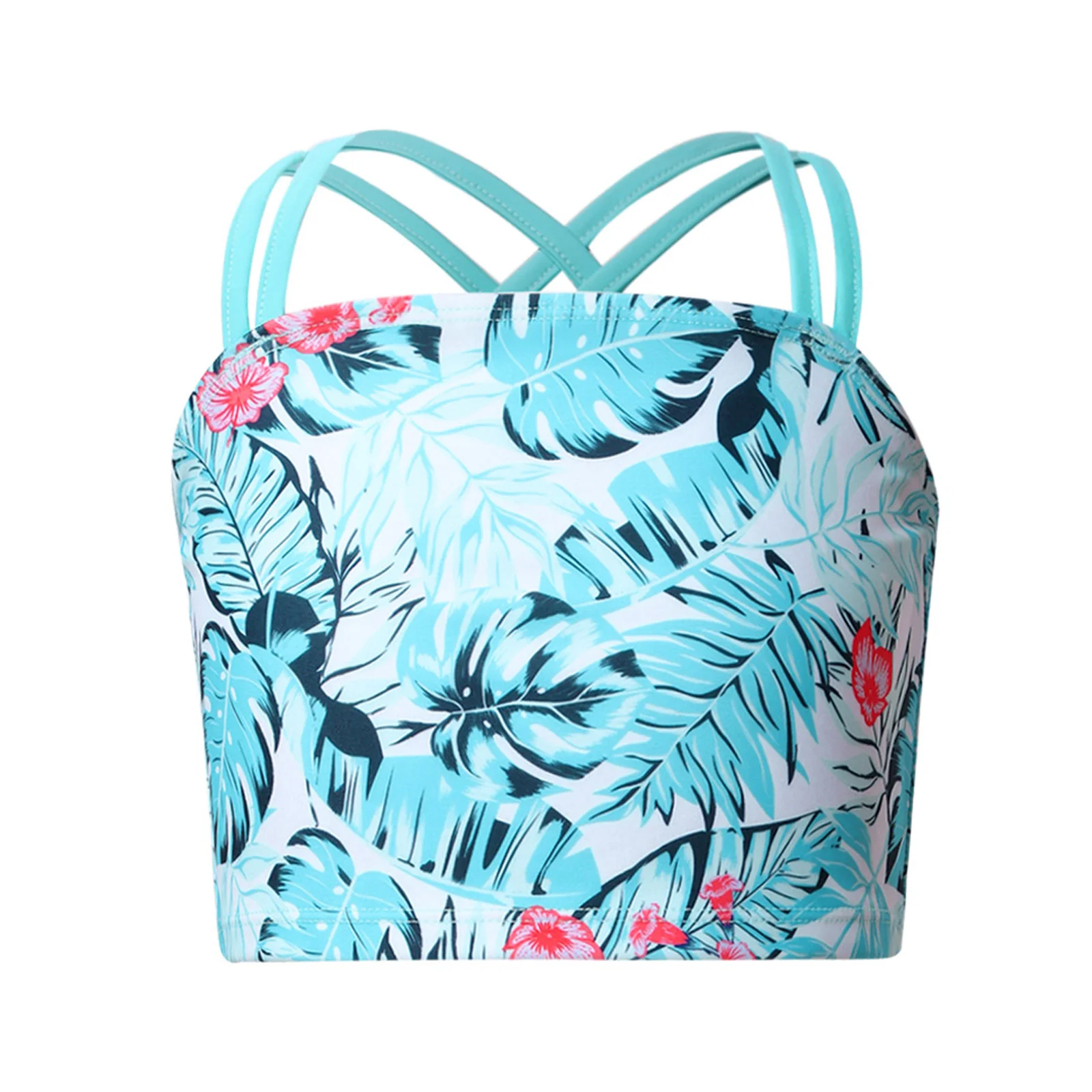 Kids Girls Stylish Double Straps Print Crop Vest Tank Top Summer Swim Top Bikini Tankini Top Bathing Suit Pool Beach Swimwear