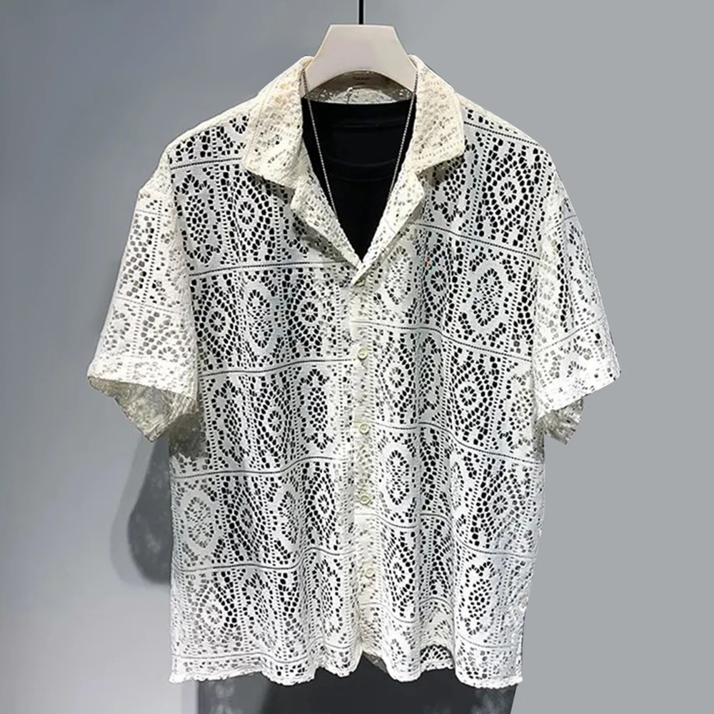 Mens See-Through Hollow Short-Sleeve Casual Shirt 2024 New Genderless Fashion Individuality Retro Sexy Lace Loose Shirt Unisex