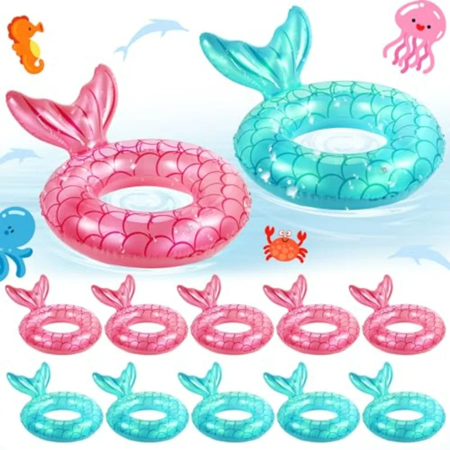 

12 Pcs Mermaid Pool Float for Summer Water Beach Party, Green and Pink PVC Inflatable Swimming Ring with Tail Shape Design for