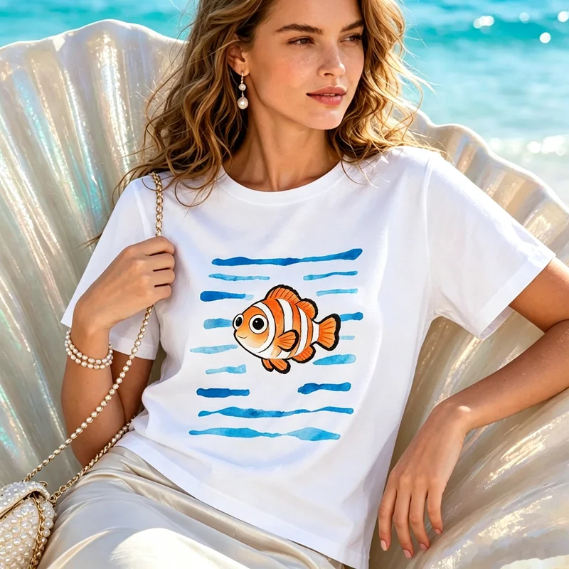 Clownfish with Blue Watercolor Stripes T-Shirts 4 Colors Summer Beach Model Crew Neck Short Sleeve Casual Unisex Tops Cotton