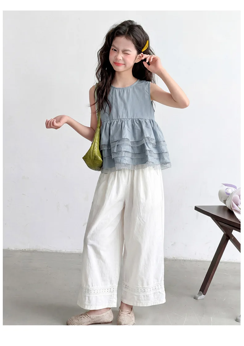 2026 New Teenage Elegant Clothing Suits,  Baby Girls Fashion 2 Piece Sets,  Blous+White  Pants    5 -12 T