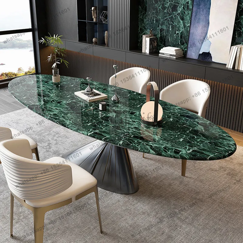 

Italian luxury stone dining table green oval high-end villa natural marble dining table