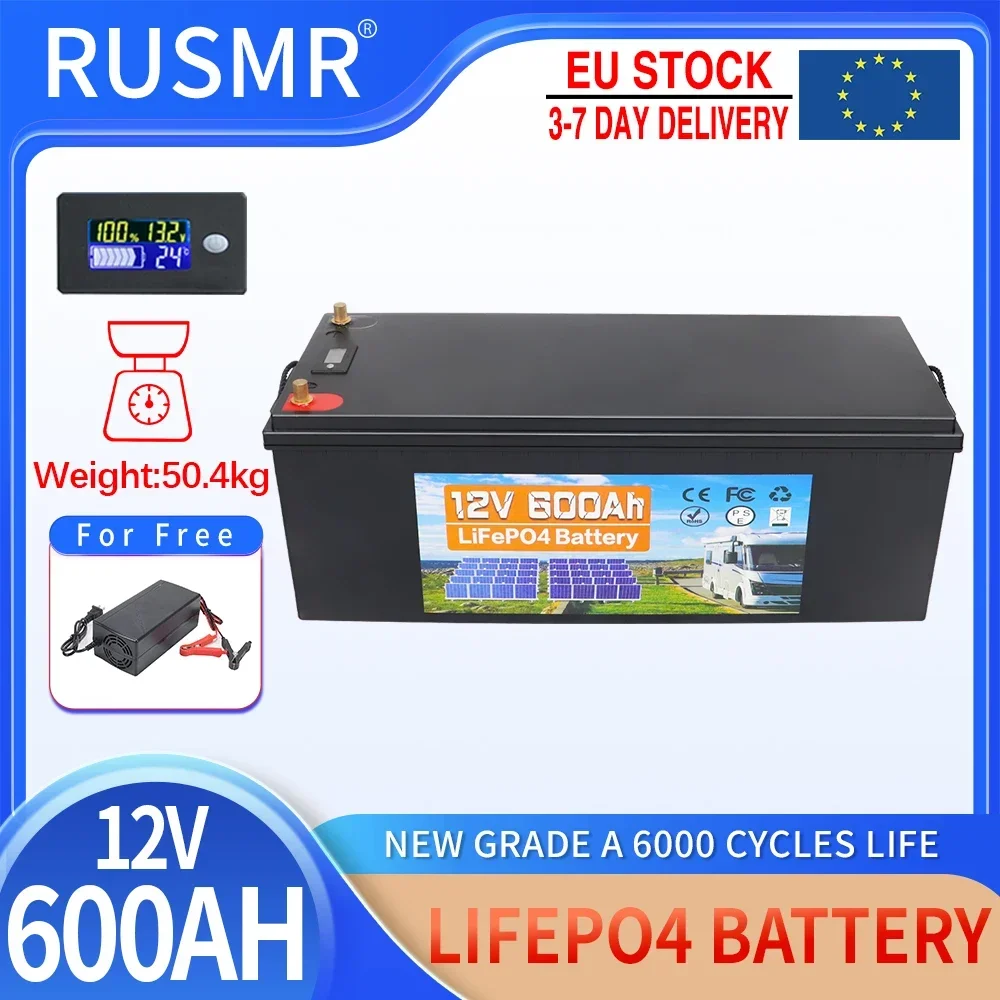 12V LiFePO4 Battery 600Ah 500Ah 300Ah 200Ah 100Ah Built-in BMS Lithium Iron Phosphate Cell For Golf Cart Solar Storage + Charger