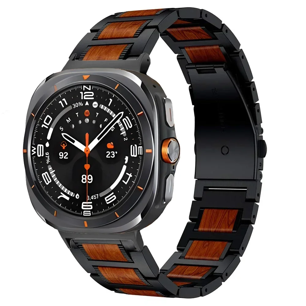 Luxury Rosewood+Metal Strap For Samsung Galaxy Watch 7 Ultra 47mm Lightweight Stainless Steel Bracelet Band Galaxy Watch 7 Ultra