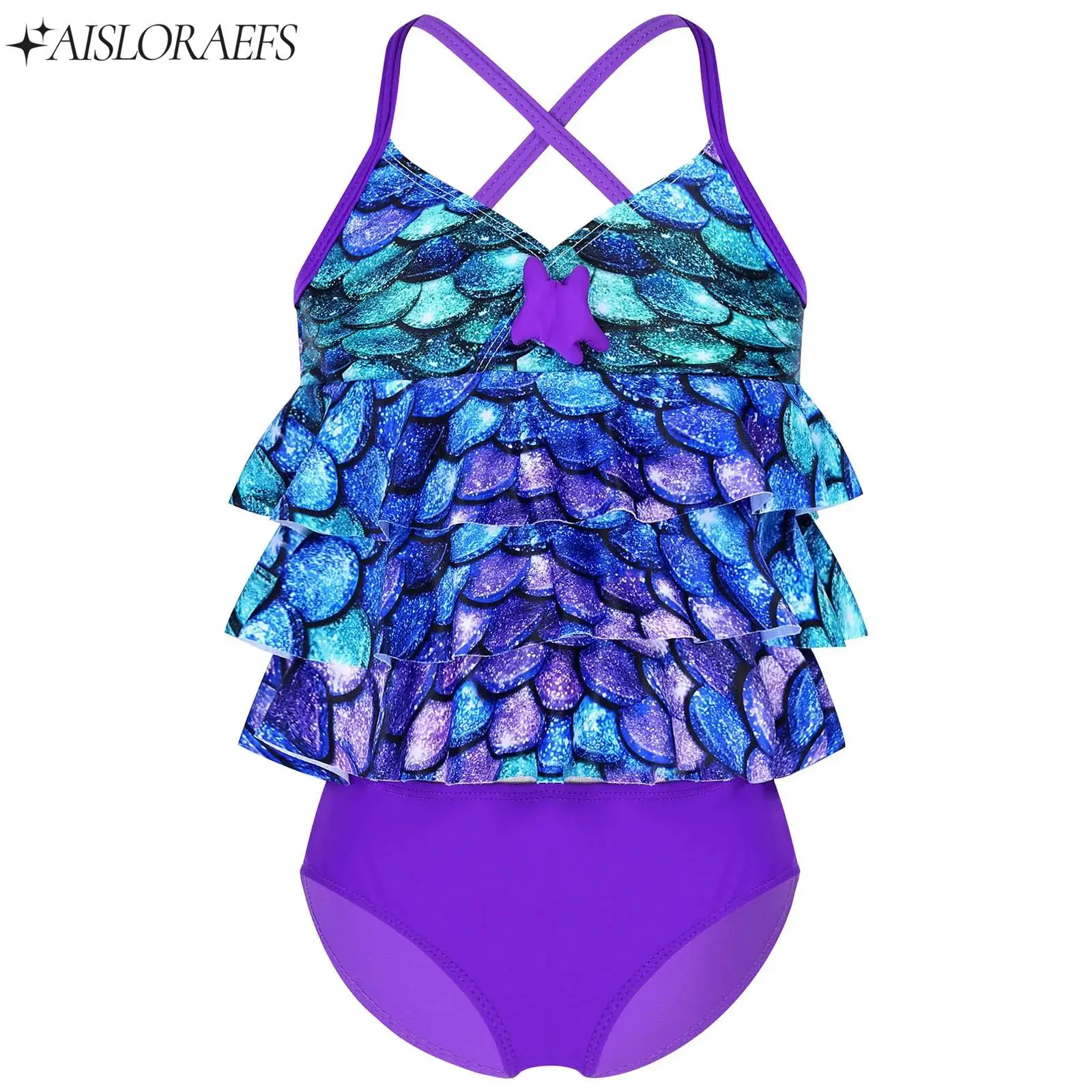 

Kids Girls Ruffled Tankini Sets Mermaid Scales Printed Swimsuit Swimwear