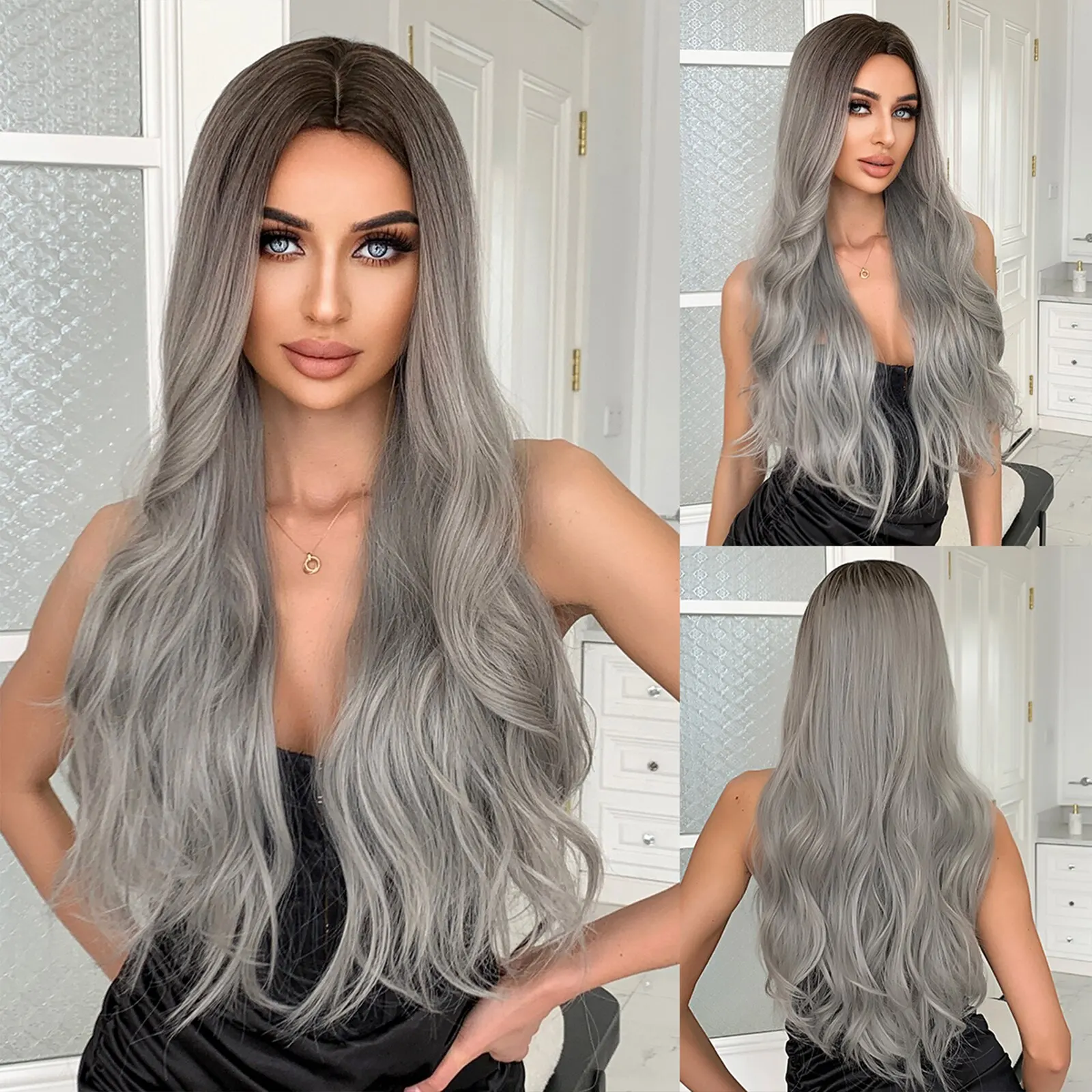 Silver Ash Gray Long Wavy Synthetic Wigs Lolita Cosplay Natural Hair Wigs for Women Party Daily Heat Resistant Middle Part