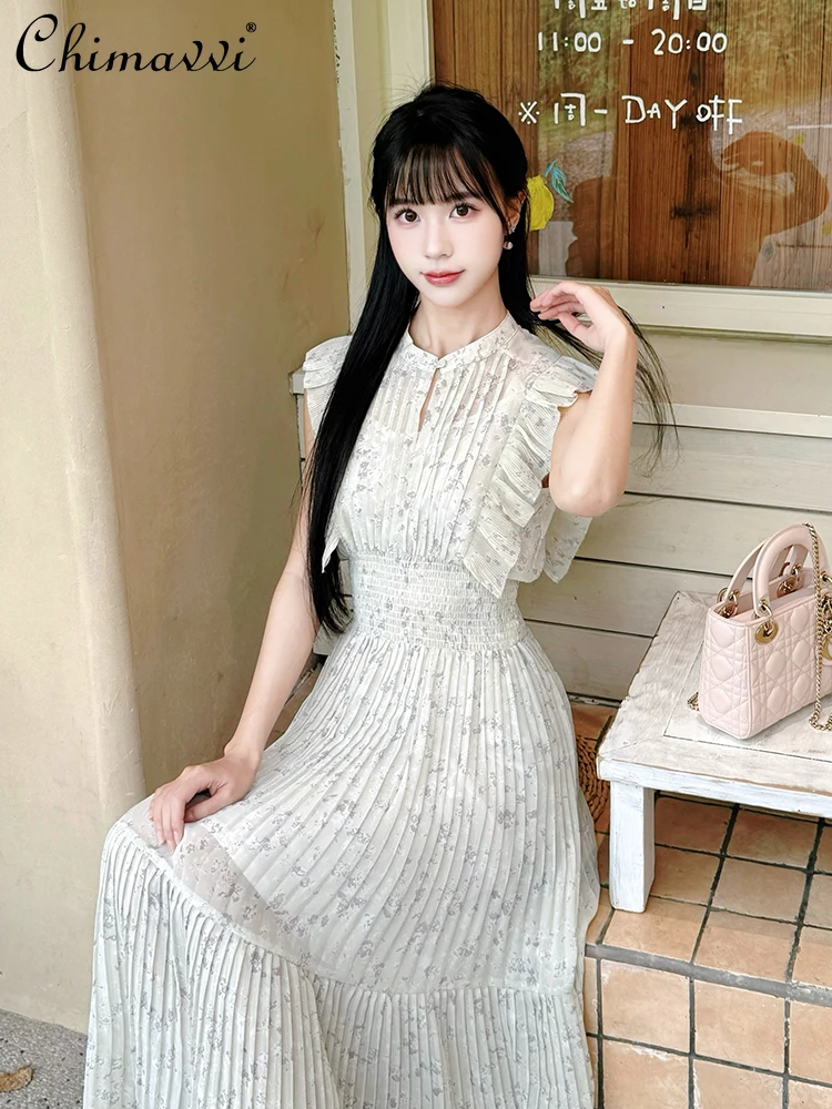 

Japanese New Sweet Girl Flying Sleeve Printed High Waist Crumpled Chiffon Dress Super Fairy Slim Temperament Long Women's Dress