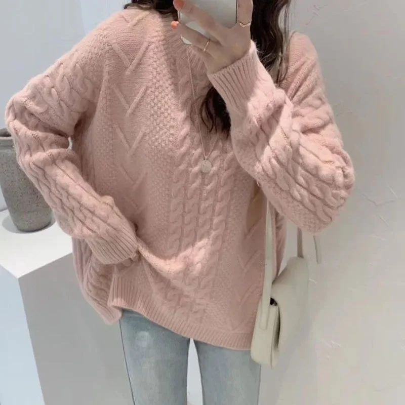 Maglione da pescatore Casual allentato semplice da donna nuovo maglione lavorato a maglia con maniche a lanterna con scollo a o nuovo cardigan lavorato a maglia autunno inverno Chic
