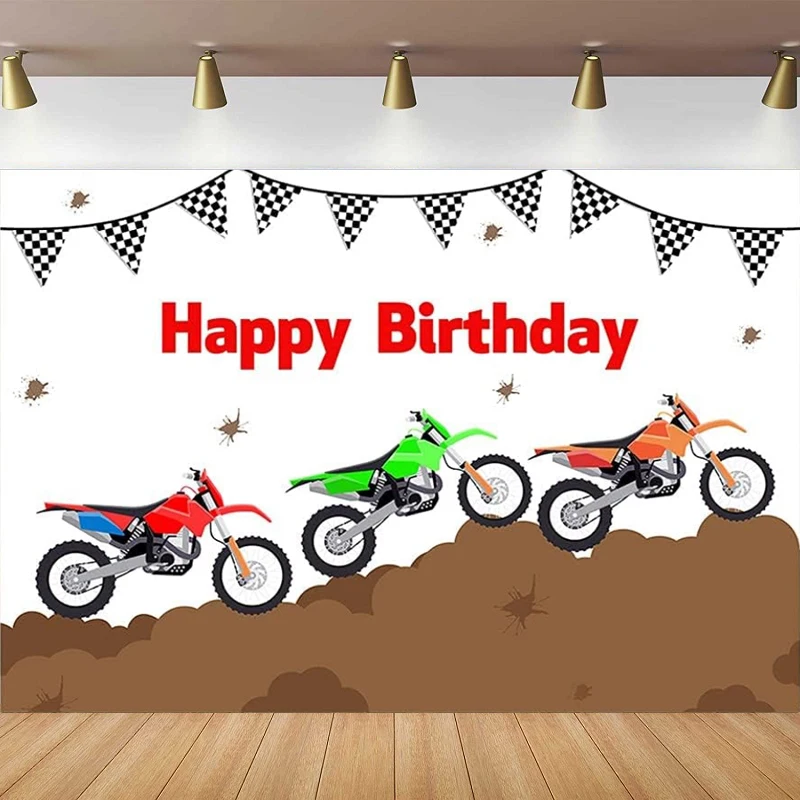 Happy Birthday Photography Backdrop Racing Motorcycle Mountain Cross Country Black White Flags Background Party Decor Cake Table