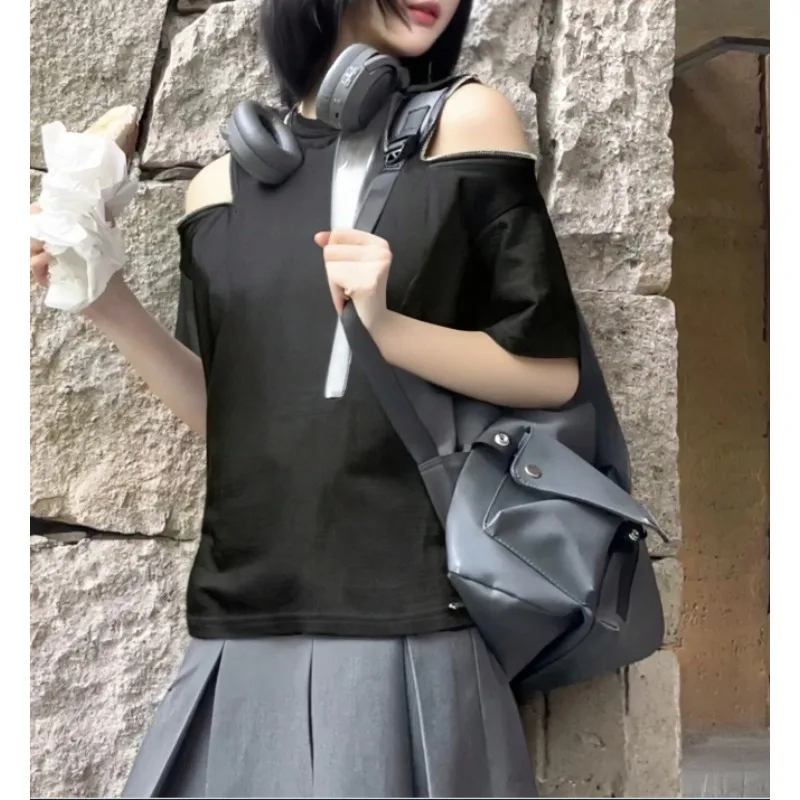 Dark shoulder zipper T-shirt spring and summer sexy Japanese women's design top