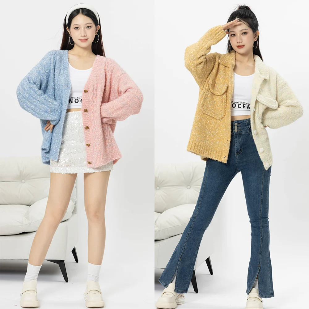 Korean Style Autumn Winter Women Girl Casual Spliced Contrast Color Sweater Coat Colourful Fashion Design Loose Knitted Cardigan