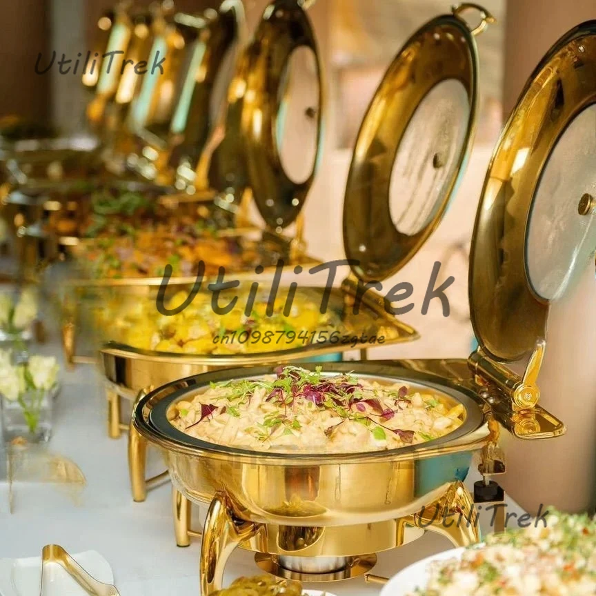 

Wedding Use Dishes Stainless Steel Buffet Stove Bell Dome Soup Food Warmer Set Round Party Hotel Gold Chafing Dish