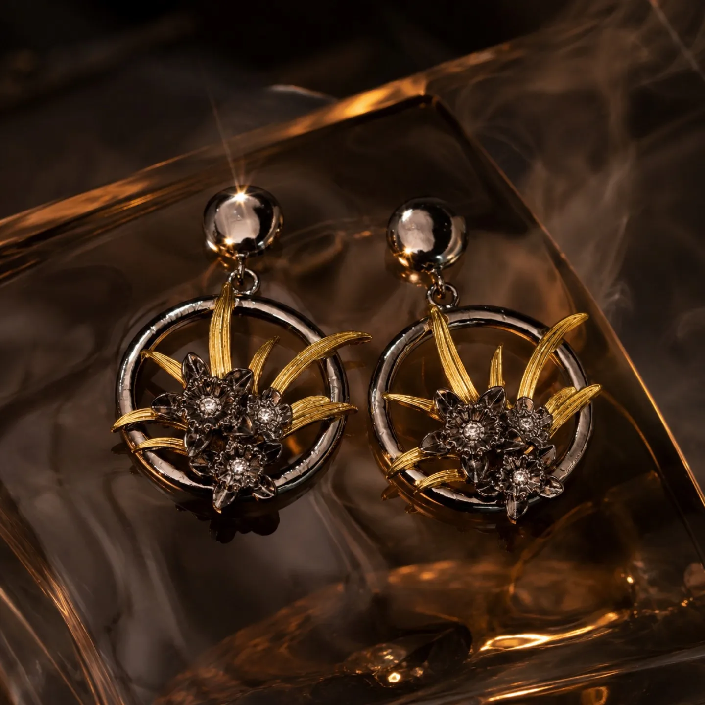 Gold and silver color matching orchid flash diamond stud earrings retro new Chinese contrasting color orchid earrings temperamen