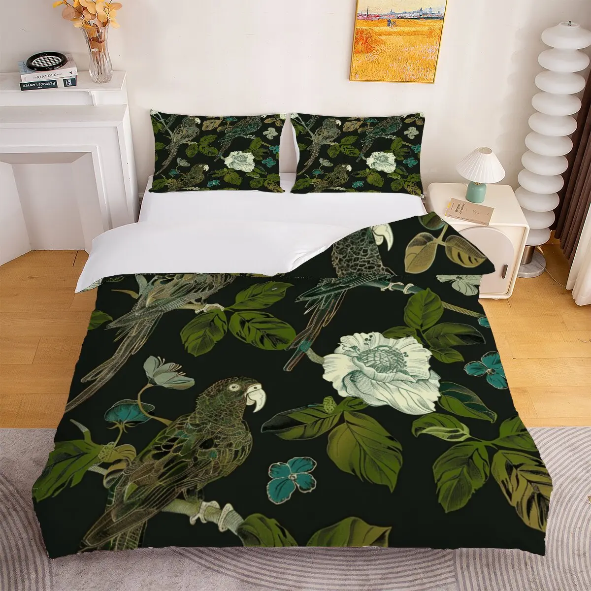 Green parrot  Duvet size  White flower  1 duvet cover, 2 pillowcases, 3 pieces