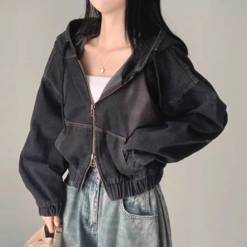 

Sli Retro Zipper ket ort Denim Jaet Women's Dstring Hooded Coat Windproof Casual Loose Fit Autumn New Arrival