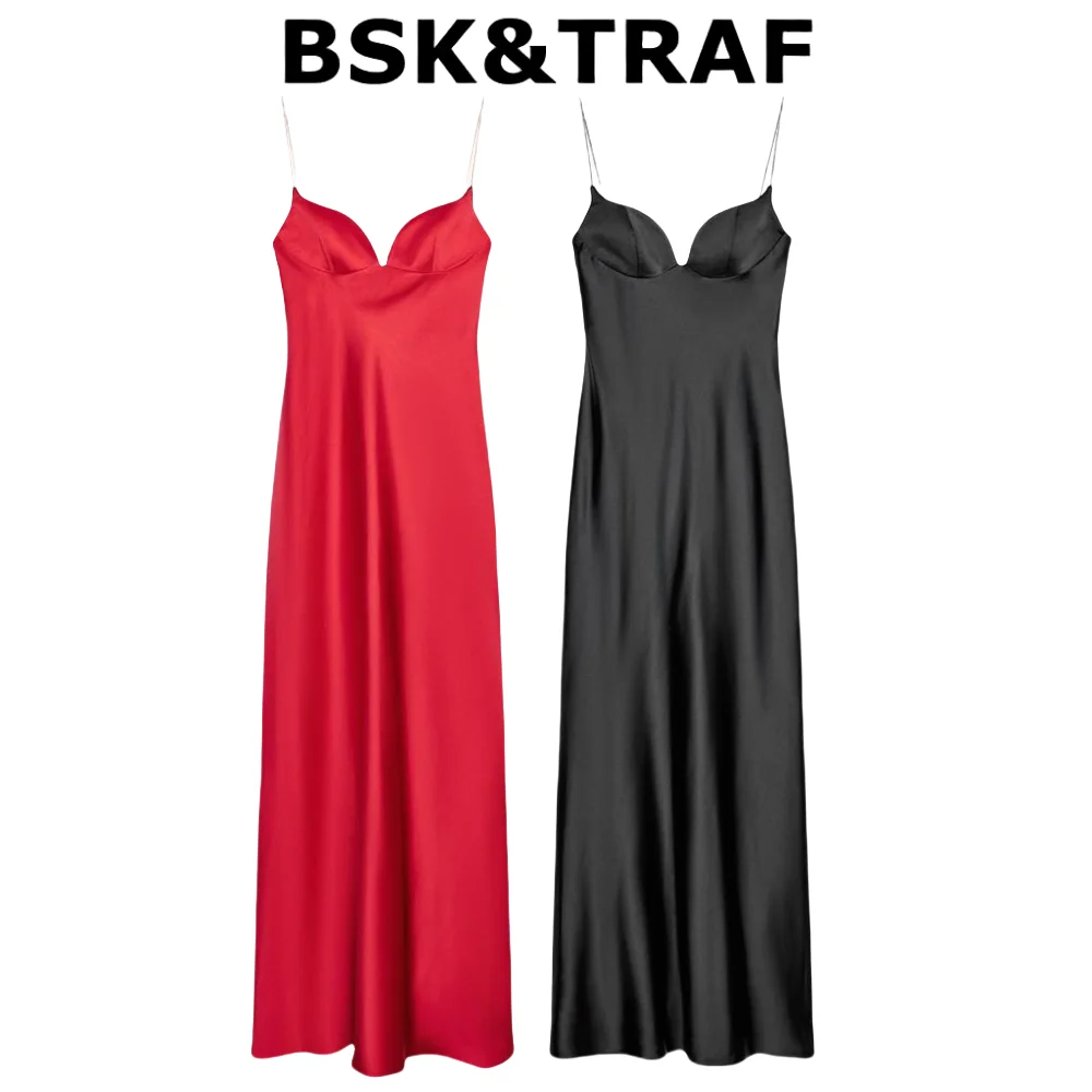  Elegant Silk Satin Long Dress 2025 Summer New Style Women's Solid Color Heart-shaped Collar Tube Top Suspender Dress