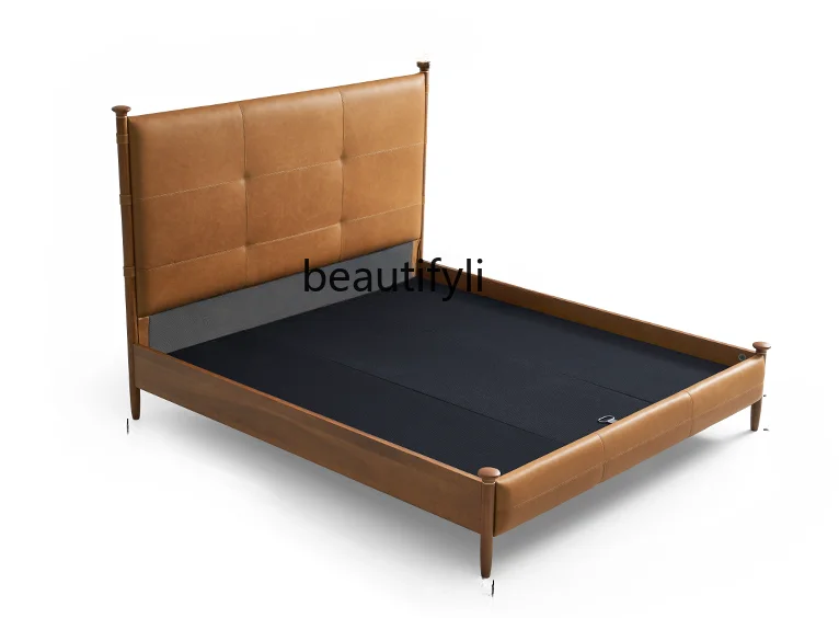 Wutong Leather Bed French Retro Master Bedroom First Layer Cowhide Solid Wood Light Luxury 1 M 8 Double Bed