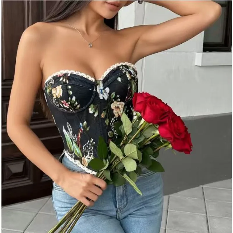 Street Retro Jacquard Chest Wrap Lace Lace-up French Niche Fish Bone Waist Thin Vest Cross-border Europe, America Foreign Trade