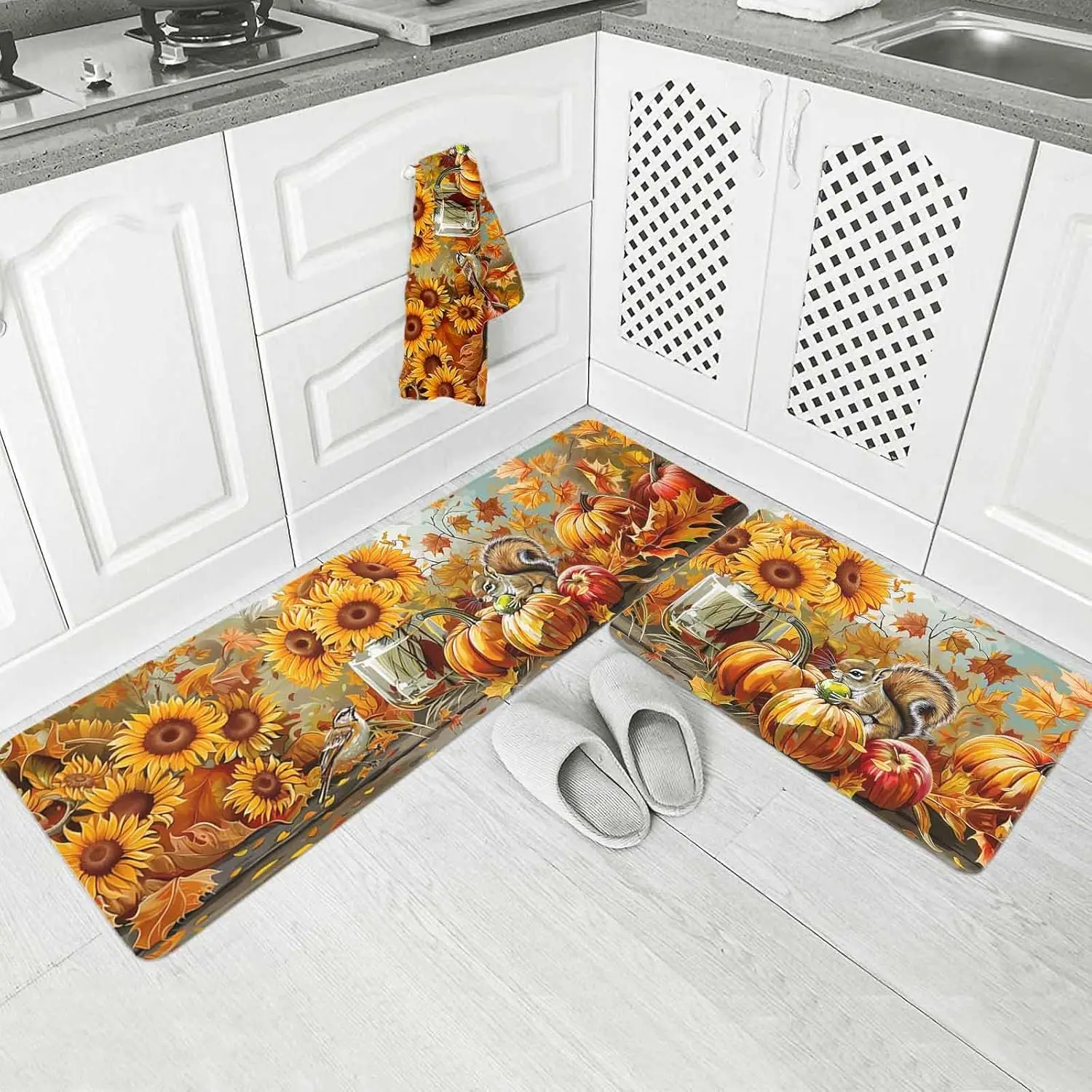 Fall Squirrel Sunflower Pumpkin Kitchen Floor Mat Home Decor Non-Slip Corridor Balcony Laundry Rug Bedroom Beside Foot Mat Decor
