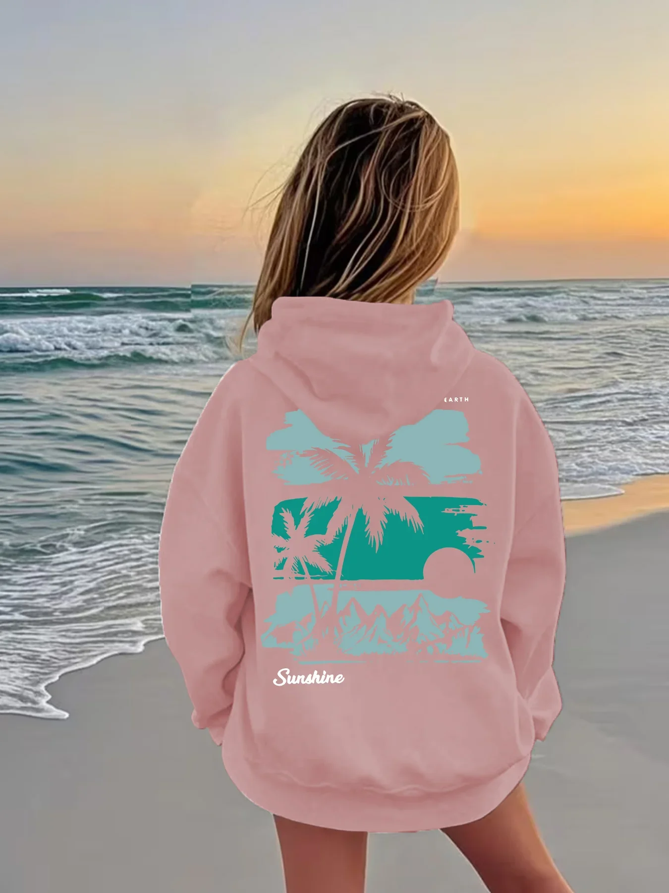Teen Kids Girls Black Palm Tree Graphic Printed Hoodie Loose Ocean Landscape Active Beach Vacation Top Autumn Clothes