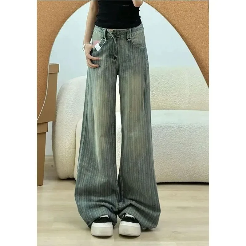 

2026 Spring American Retro High Waist Striped Jeans Women Loose Lazy Style Straight Wide Leg Denim Trousers