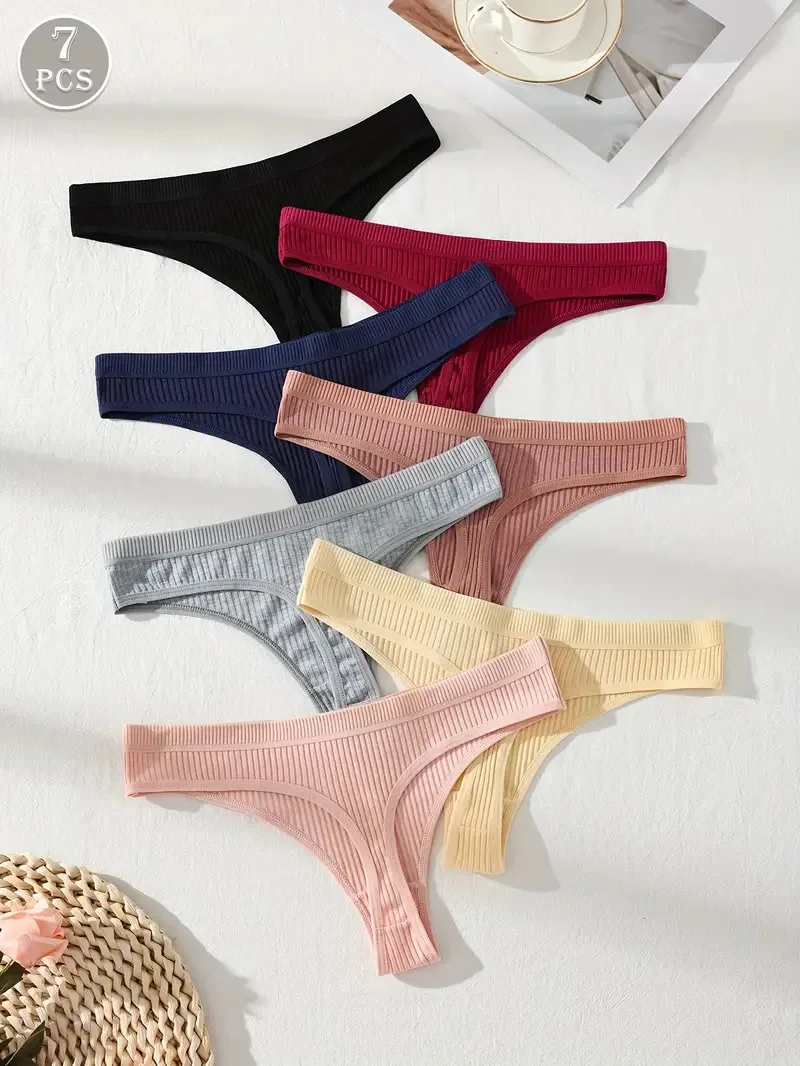7PCS Women Thongs Panties Cotton Striped Underwear Sexy Intimates Female Lingerie Solid Color Comfort Panty Soft G-Strings XS-XL