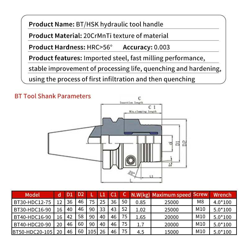 High Precision Dynamic Balance CNC Hydraulic Tool Shank BT30/40/HSK40E/50E/63A-HDC Collet HC12/20 Clip Collet