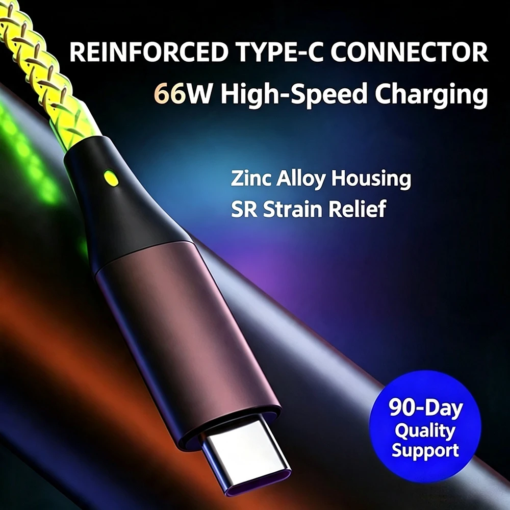 6A Fast Charging RGB Breathing Luminous Gradient Light Data Cable 66W Type-C Charger For iPhone Huawei Samsung Data Cable