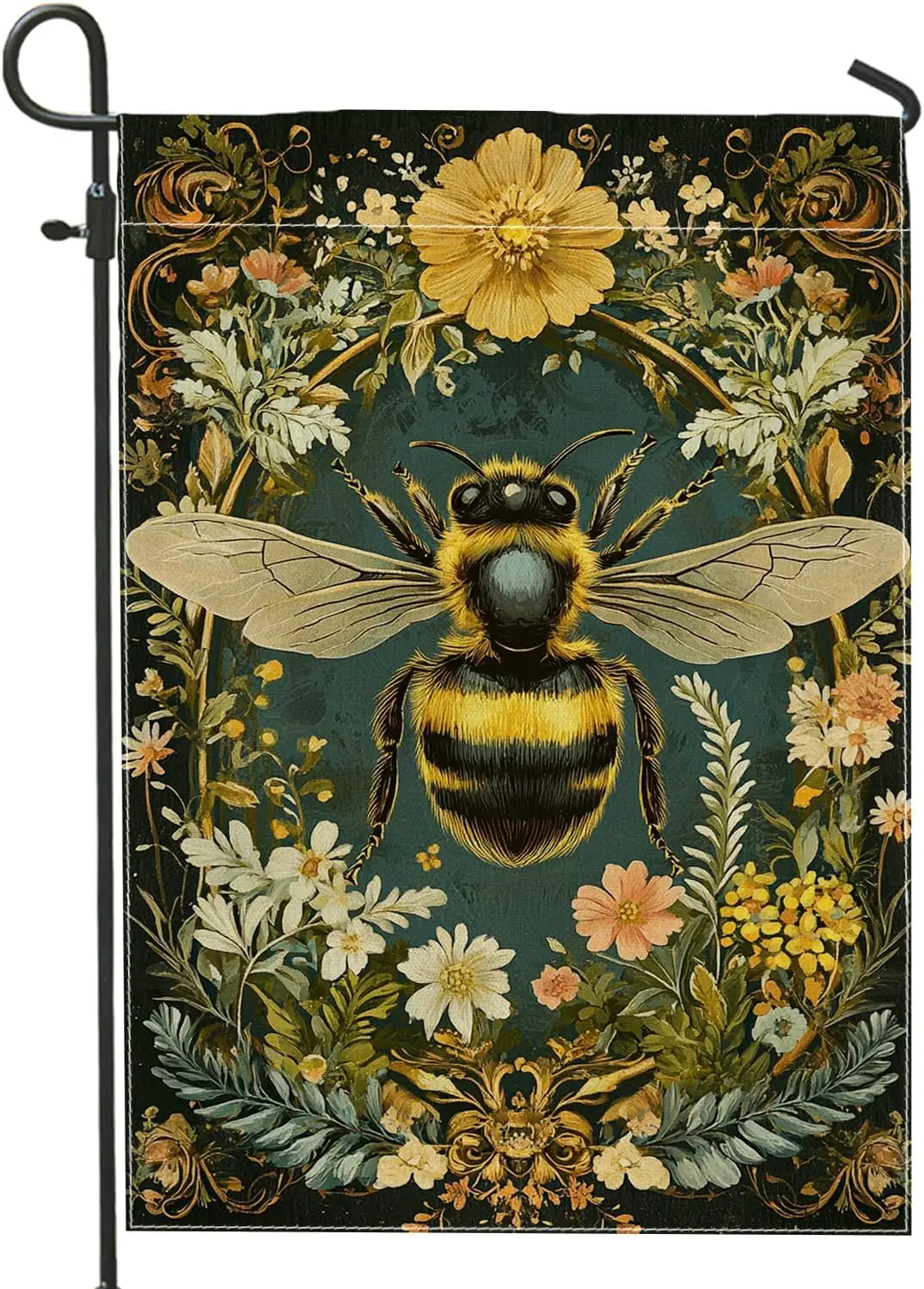 Vintage Bee Garden Flag, Black Floral Bees Yard Decor, Double Sided Outdoor Banner for Spring Summer Home Decoration 12x18 I uui