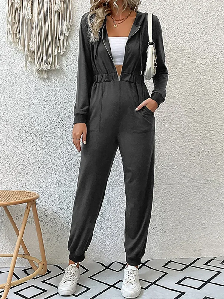 2024 Herfst Mode Capuchon Overalls Rompertjes Trainingspakken Met Rits Capuchon Casual Sportkleding Lente Nieuwe Broek Zakken Jumpsuit Elegant