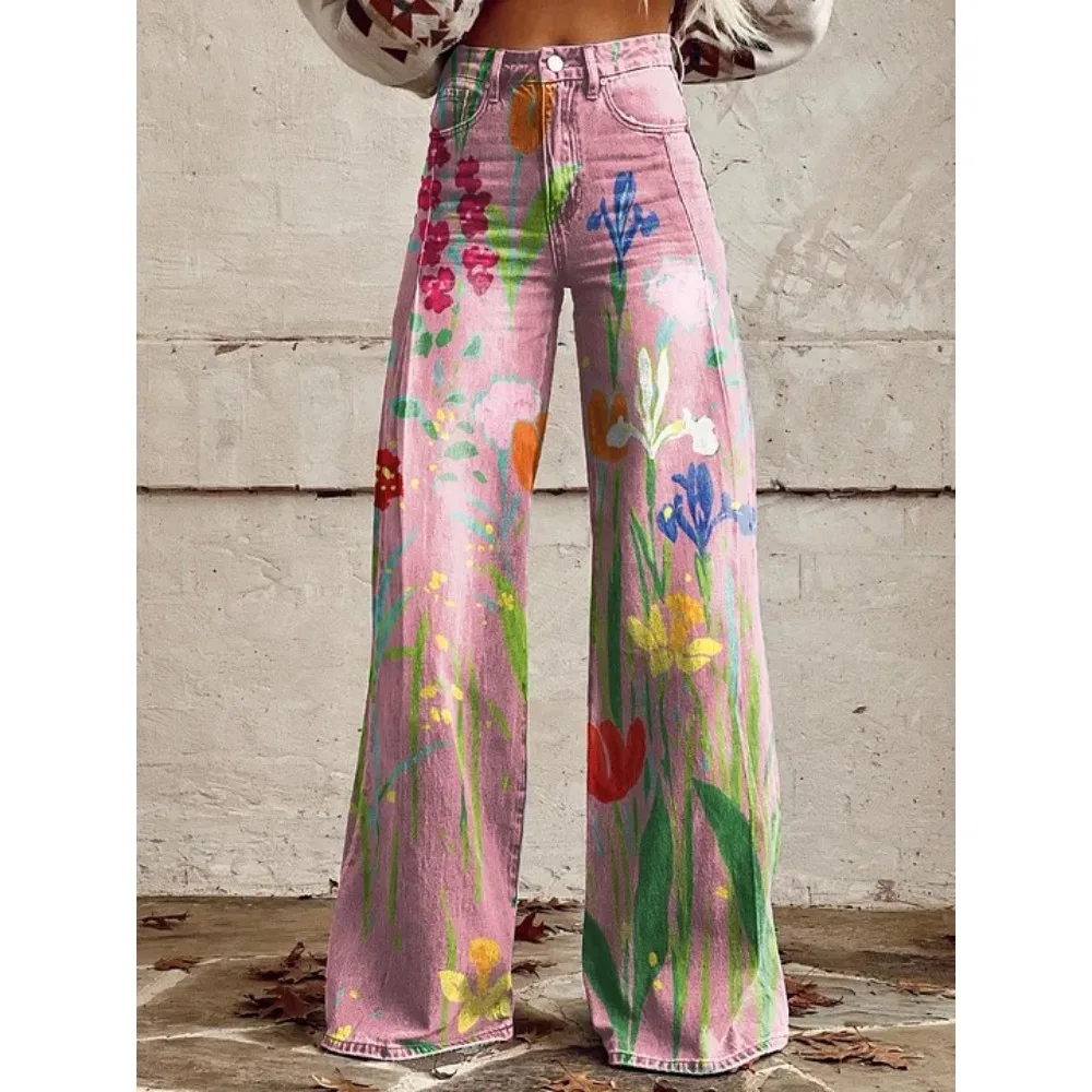 Damen Boho Blumenmuster High-Waist Weite Hose Retro Y2K Western Lässige Loose-Fit Hose mit Taschen Sexy Mädchenhafte Streetwear – Detail 3