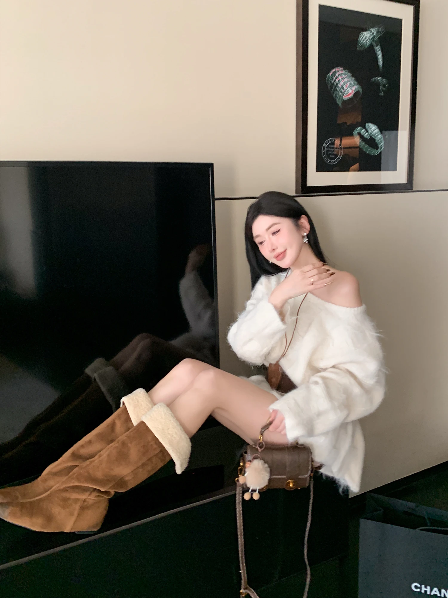

LADIES FIRST Velvet Soft Loose Knitted Sweater with Belt Lazy Sle Autumn Winter Women's Faion Straight Tube Sve Long