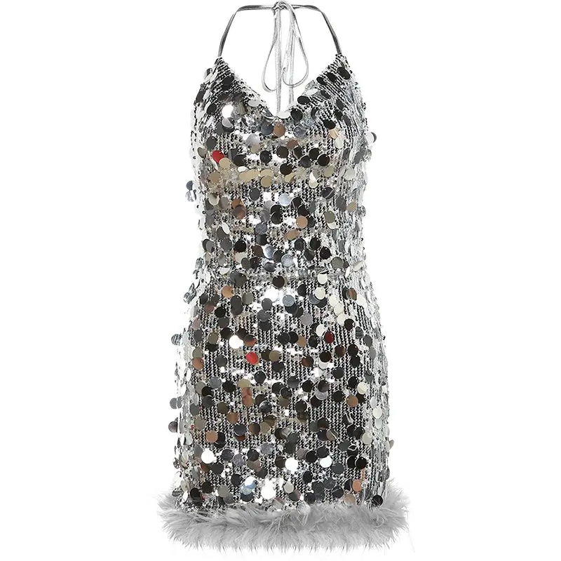 2024 New Women\'s Slim Sexy Backpack Bodycon Shiny Sequined Halter Neck Dresses