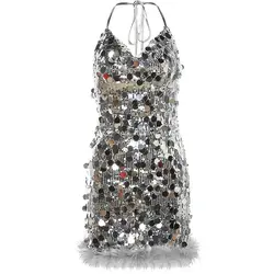 2024 New Women's Slim Sexy Backpack Bodycon Shiny Sequined Halter Neck Dresses