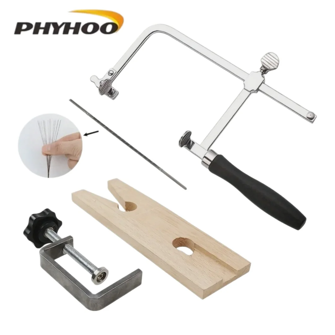 PHYHOO 3-in-1 Adjustable Jeweler's Saw Set with 12 Blades and Wood Bench Pin Clamp Metal Wood Crafting Tools for Jewelry Making